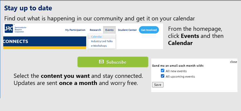 Subscribing to monthly notifications on the research you follow is easy and delivers the content you care about right to your inbox. From the homepage, click My Participation and then My Research. Pick the content you care about. We will only notify you once a month, we promise. Find out what is happening in our community and get it on your calendar. From the homepage, click Events and then Calendar. Select the content you want and stay connected. Updates are sent once a month and worry free.