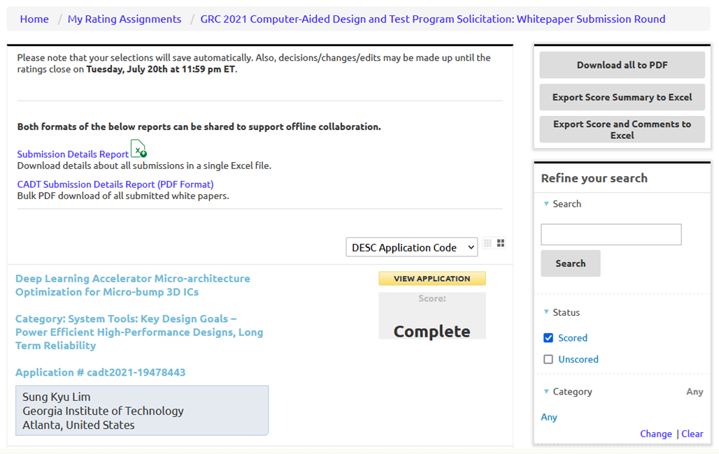 shows an example of rating white paper submissions